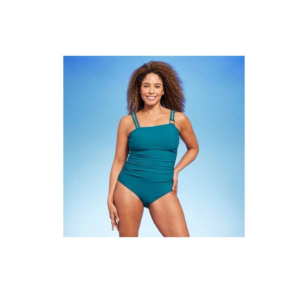 Aqua Green Swimsuit Large One Piece Teal Double Strap Asymmetrical Green Women's